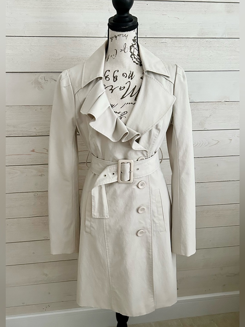 Beige/Cream Ruffle Detail Quarter Length Trench Coat